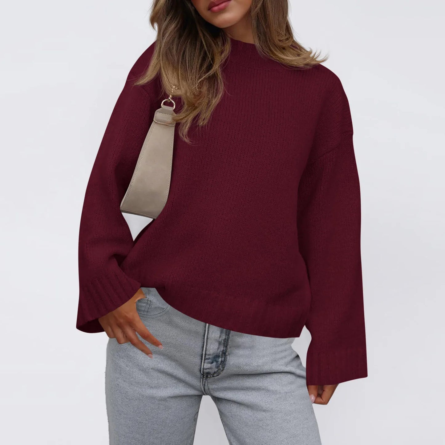 Womens Loose Round Neck Solid Color Bell Sleeve Long Sleeve Knitted Sweater Top Ropa De Mujer Sweater De Mujer Pull Femme
