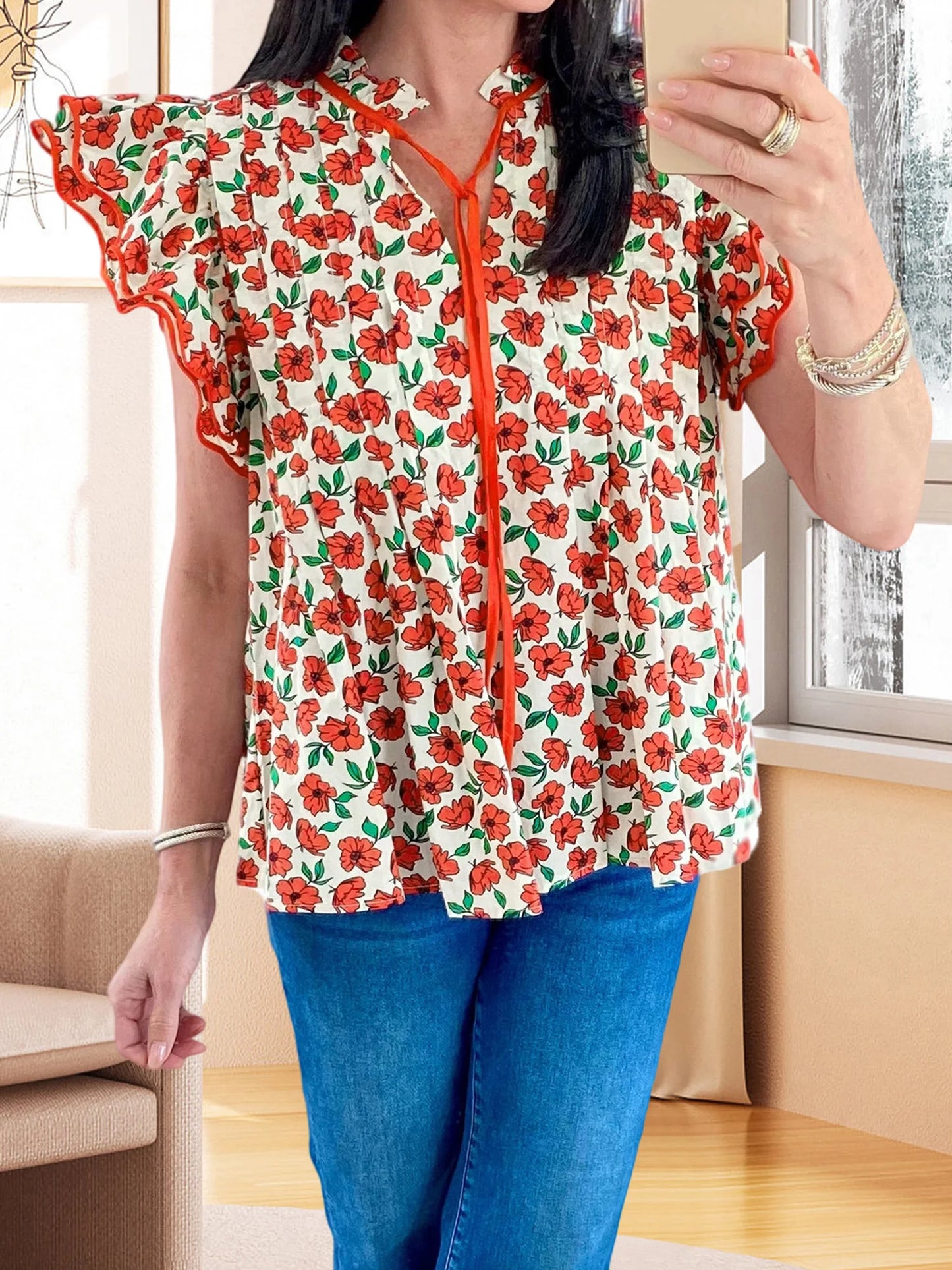 Women s Summer Casual V-Neck T-Shirt with Tie-Up Detail and Floral Print Short Sleeves Streetwear Top
