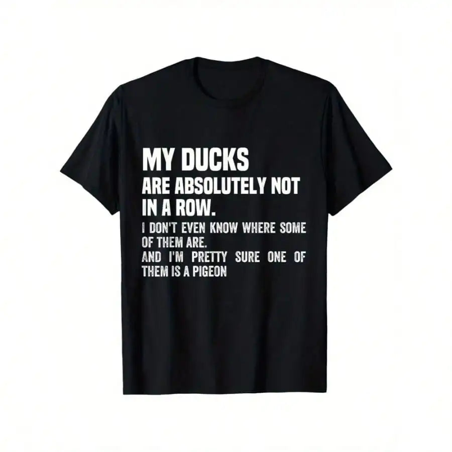 Funny 'My Ducks Are Absolutely Not In A Row' Pigeon Print T-Shirt - Relaxed Fit, Crew Neck, Short Sleeve, Black Cotton Tee