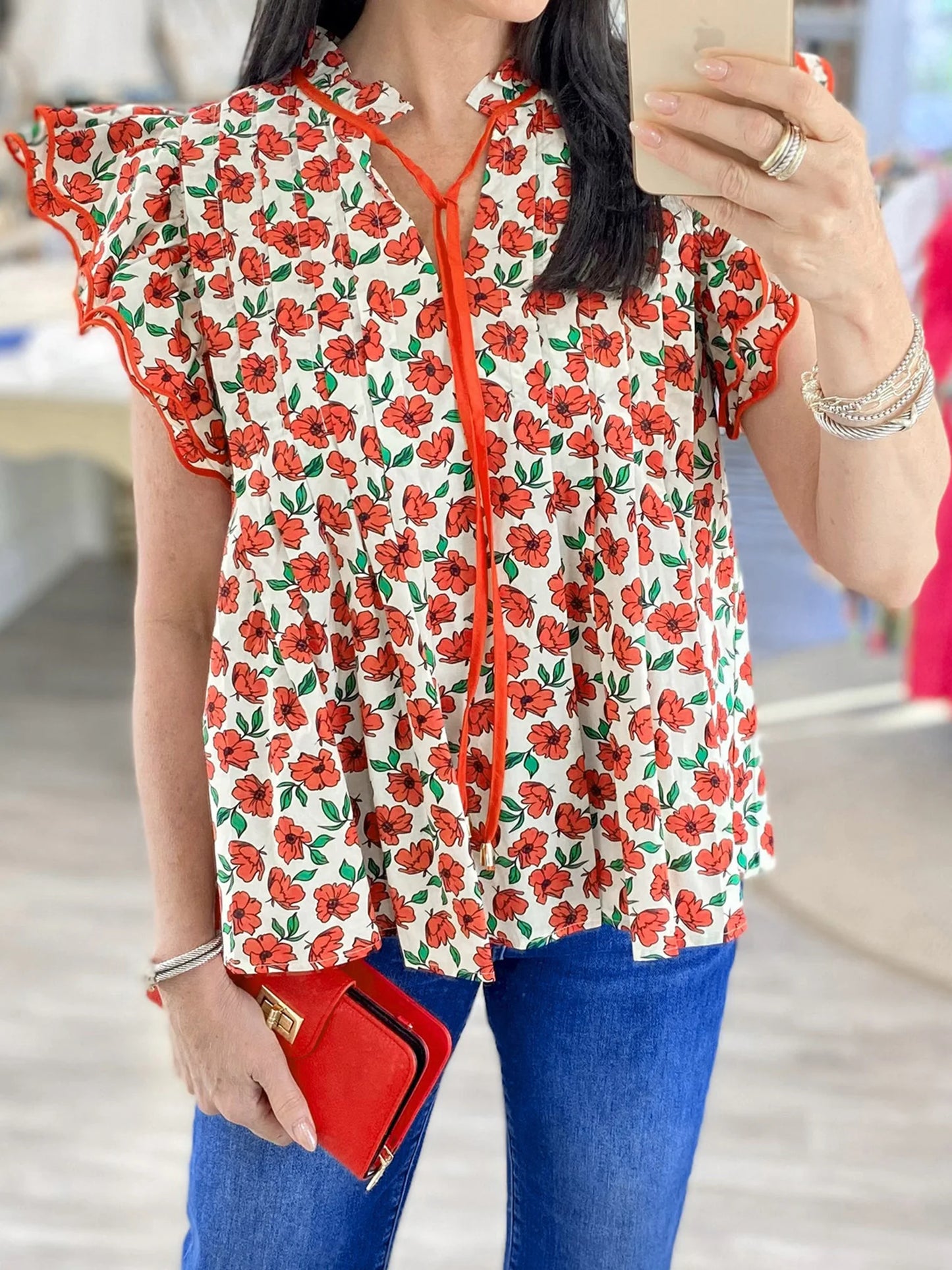 Women s Summer Casual V-Neck T-Shirt with Tie-Up Detail and Floral Print Short Sleeves Streetwear Top