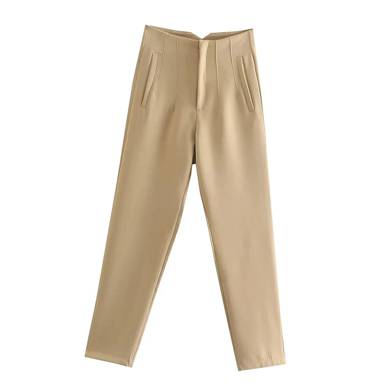 CLAZZAA Women Fashion Solid High Waist Pencil Pants With Seam Detail Streetwear Woman Ankle Trousers Autumn Office Pant