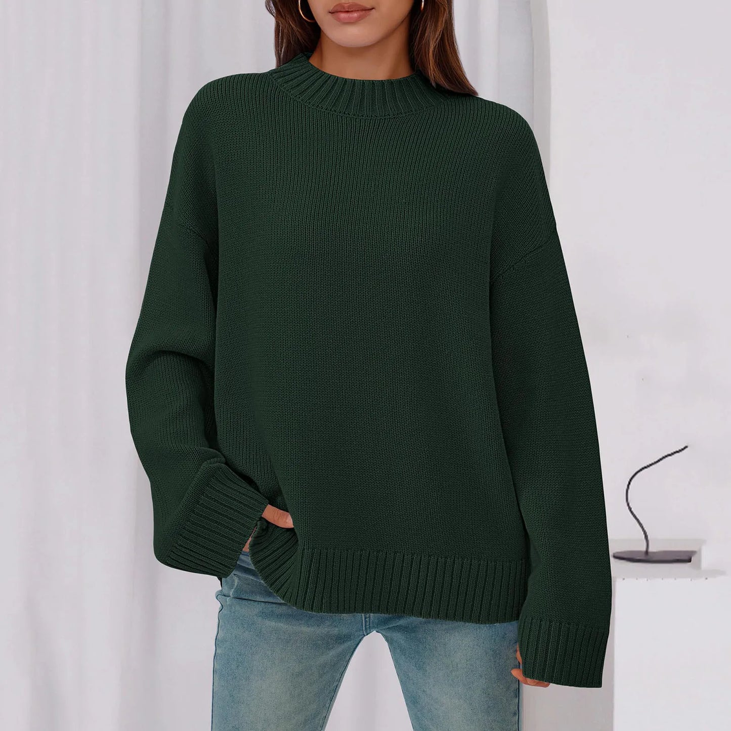 Womens Loose Round Neck Solid Color Bell Sleeve Long Sleeve Knitted Sweater Top Ropa De Mujer Sweater De Mujer Pull Femme