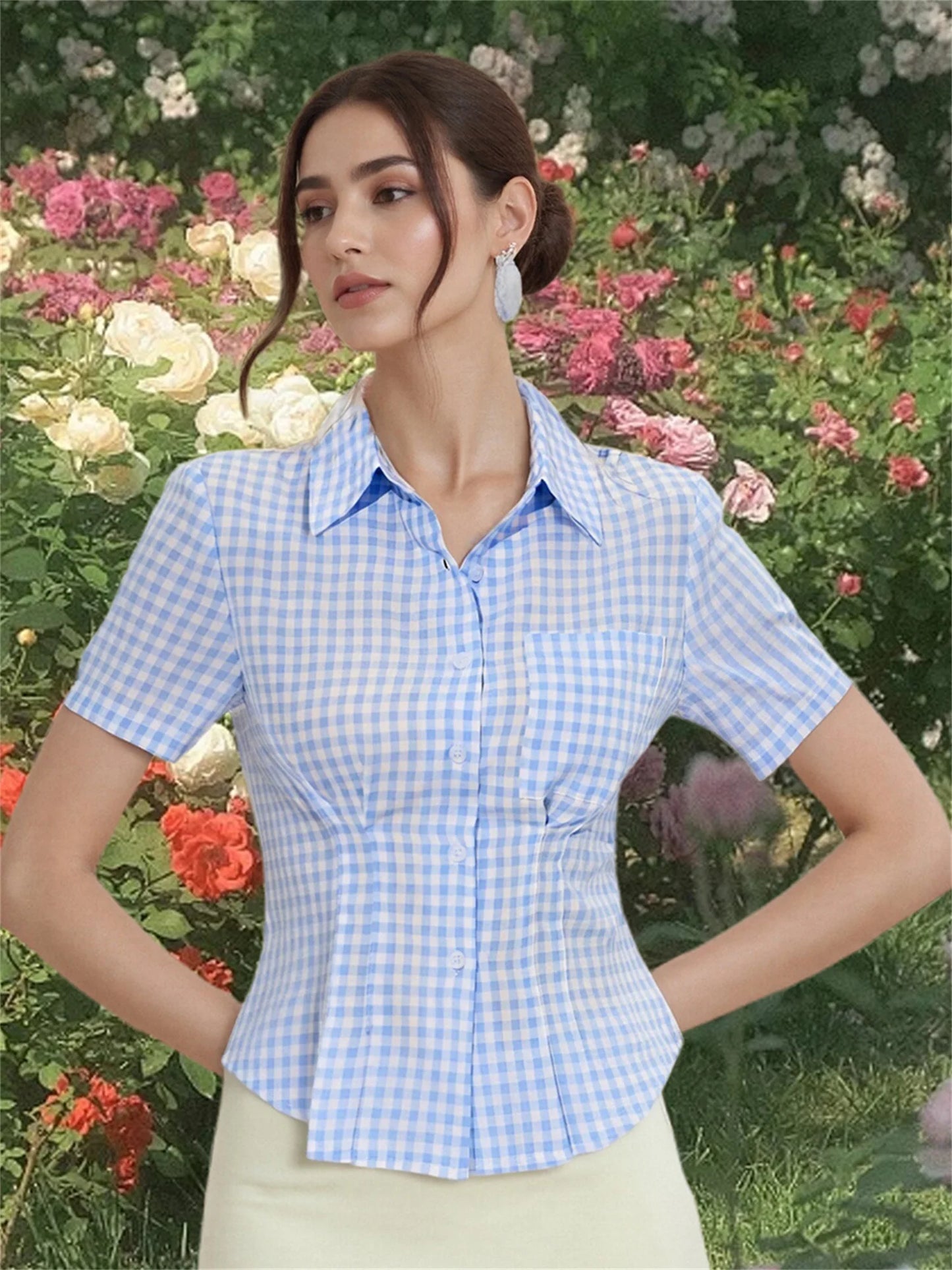 Striped Plaid Print Button Down Shirt with Short Sleeves - Stylish and Casual Top for Women s Streetwear Fashion Collection