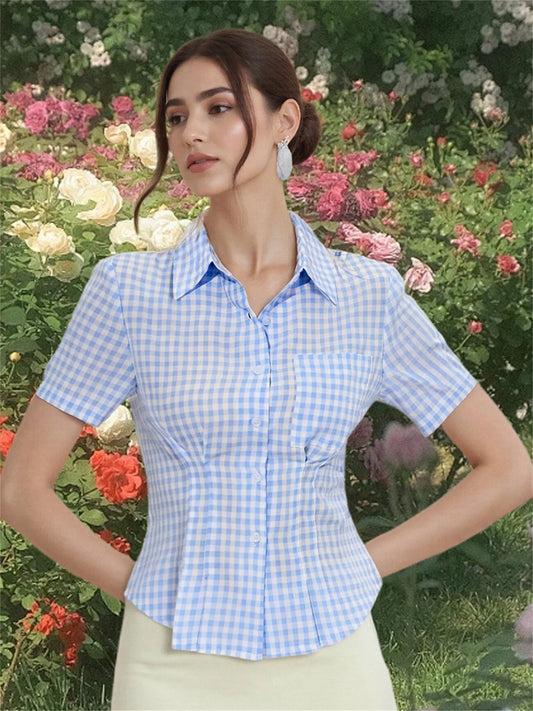 Striped Plaid Print Button Down Shirt with Short Sleeves - Stylish and Casual Top for Women s Streetwear Fashion Collection