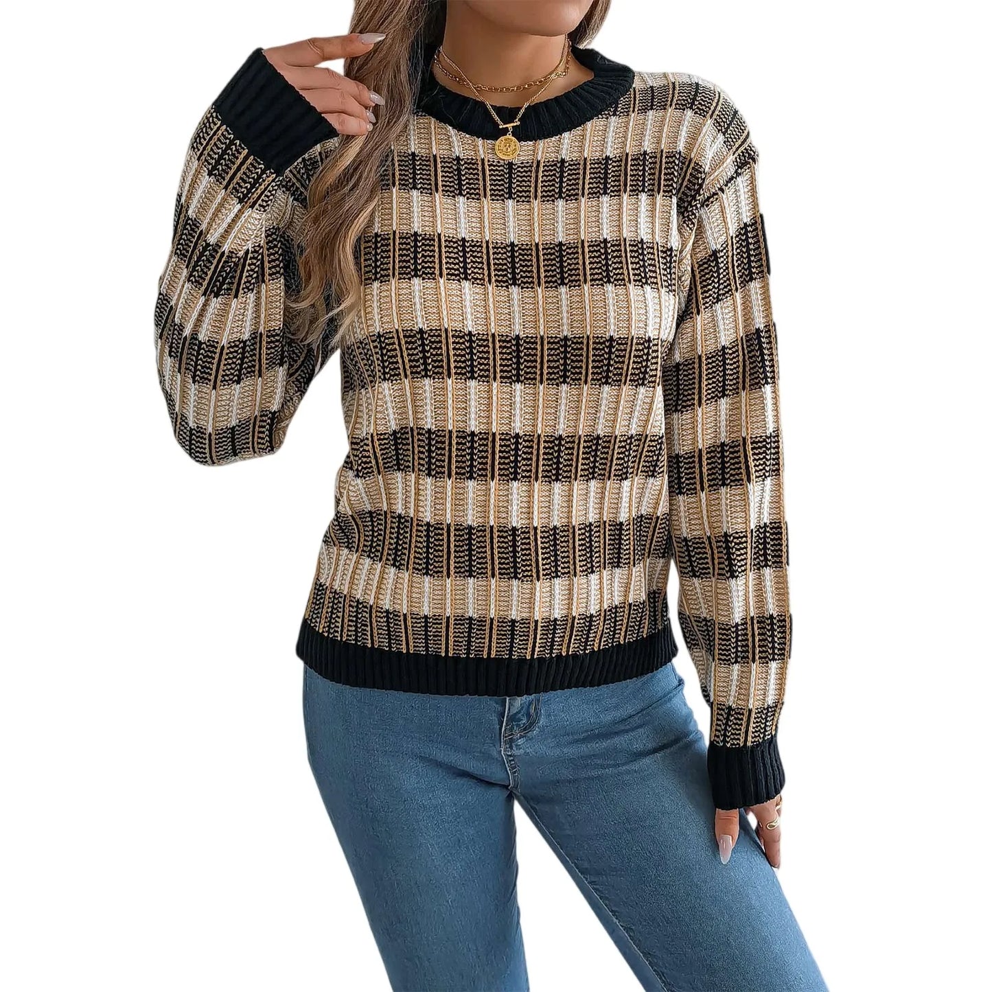 Sweater For Woman Women'S Round Neck Vintage Striped  Long Sleeve Pullover Sweater Ropa De Mujer Winter Clothes Woman New
