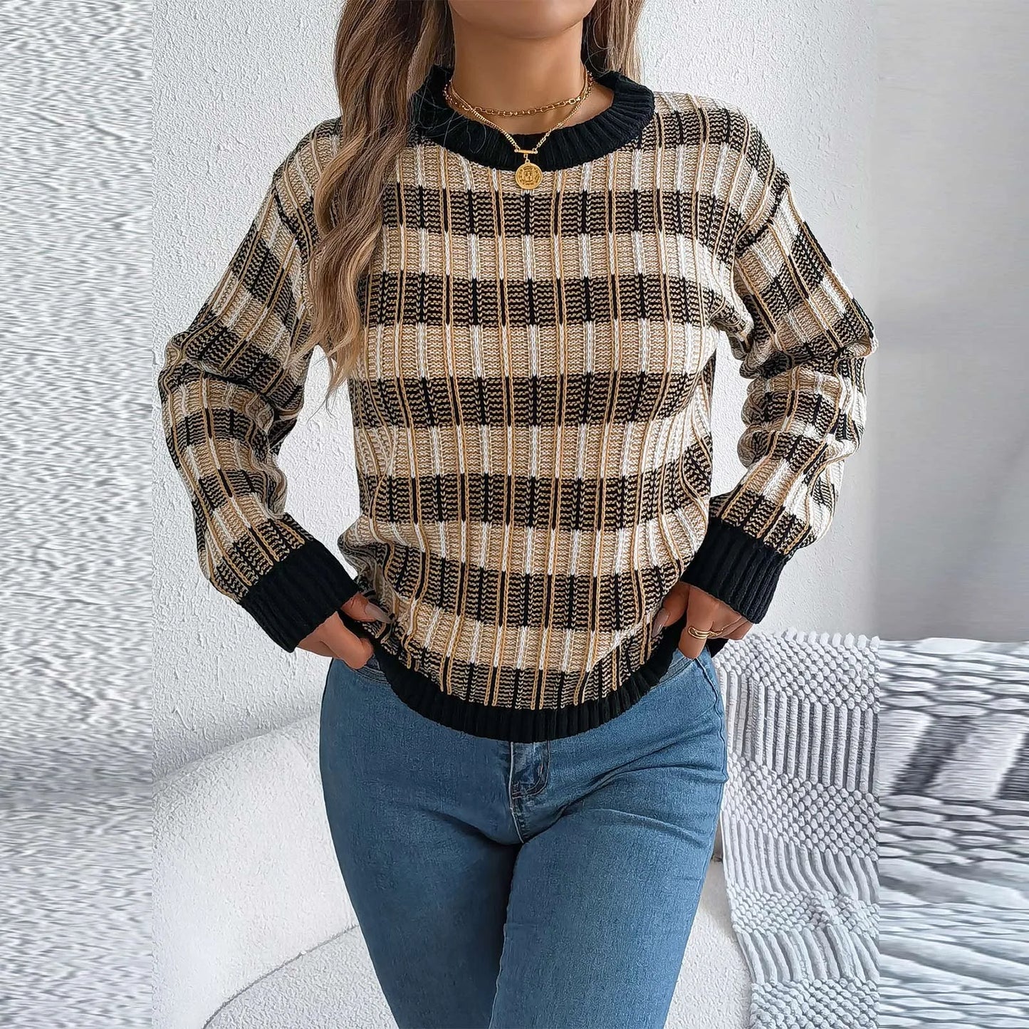 Sweater For Woman Women'S Round Neck Vintage Striped  Long Sleeve Pullover Sweater Ropa De Mujer Winter Clothes Woman New