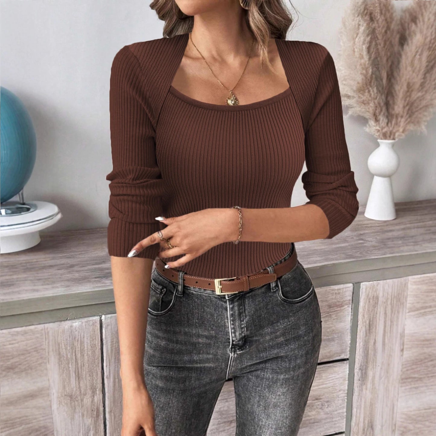Women'S Square Neck Long Sleeve Pullover Knitted Sweater Bottoming Shirt Ropa De Mujer Winter Clothes Woman Sweater For Woman
