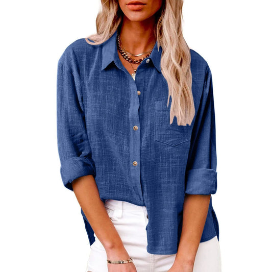 Women's Fashion Solid Color Cotton and Linen Shirt Autumn Long Sleeve Button Solid Color Loose Shirt Casual Large Size Shirt
