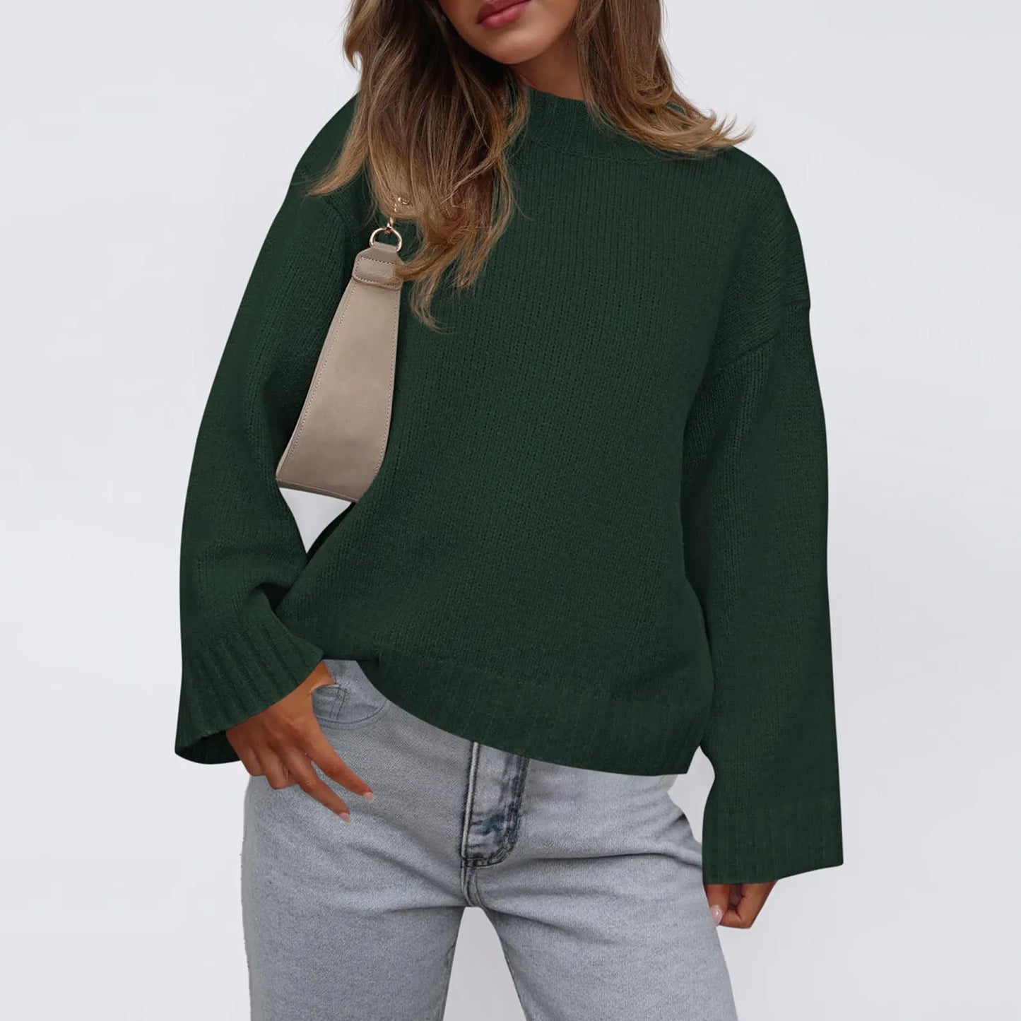 Womens Loose Round Neck Solid Color Bell Sleeve Long Sleeve Knitted Sweater Top Ropa De Mujer Sweater De Mujer Pull Femme